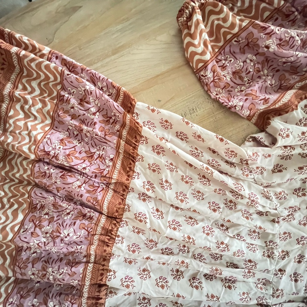 Boho Cream , Rust Printed Tiered Mini Dress Beachy Flowy , hippie summer Beach - Picture 9 of 12